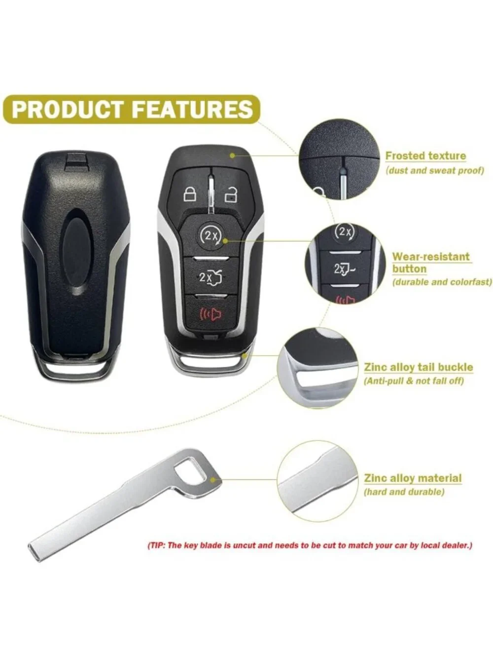 Key Fob Case Replacement for Ford Vehicles - 5 Button Smart Key Cover, 2014-2017
